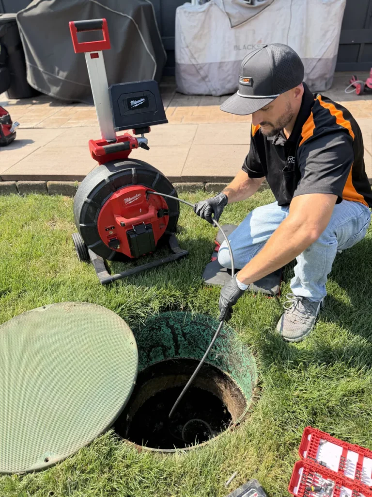 Plumber with one knee on the ground working on a drain